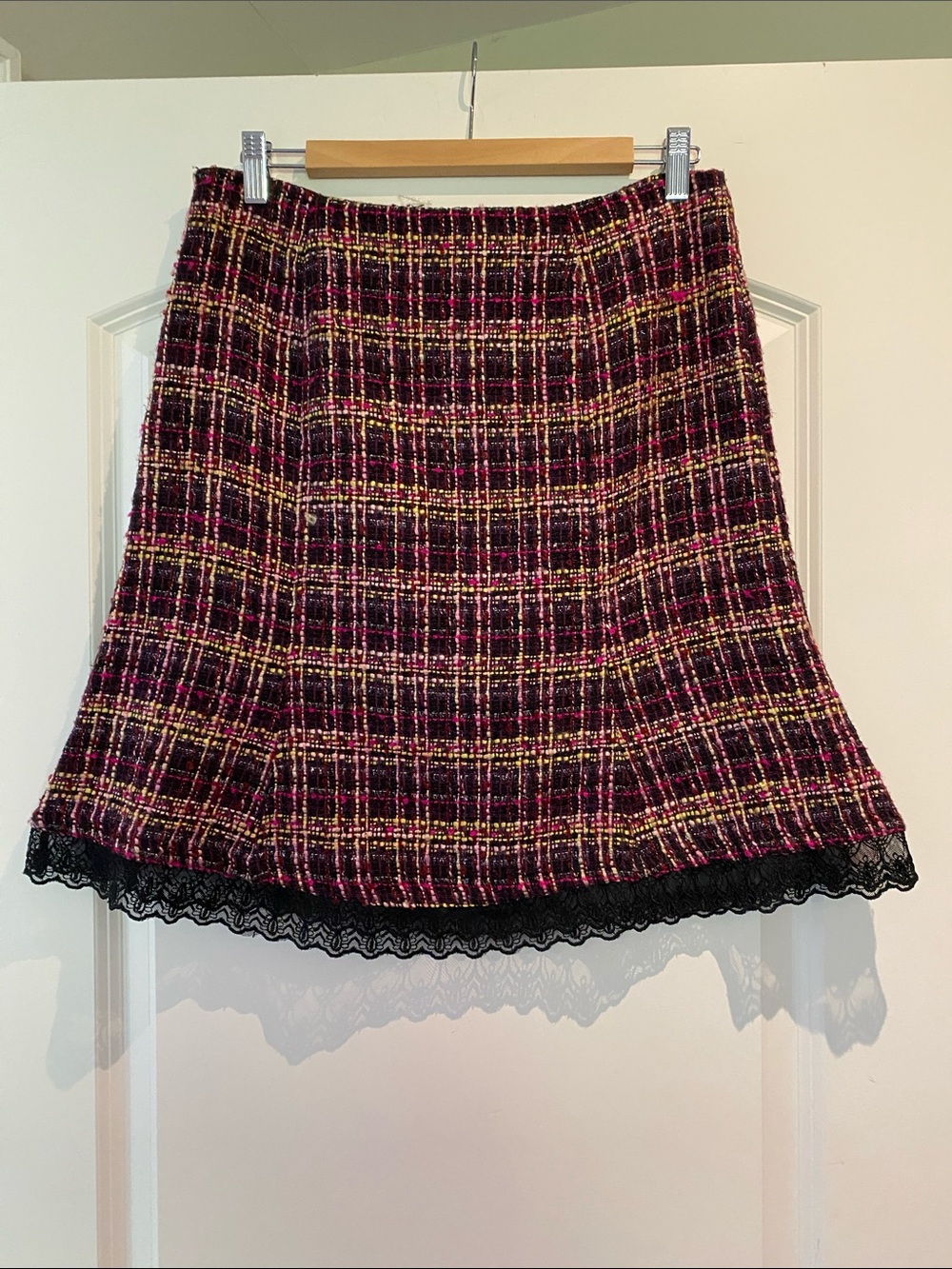 Pink Plaid Tweed A-Line Skirt with Black Lace Hem